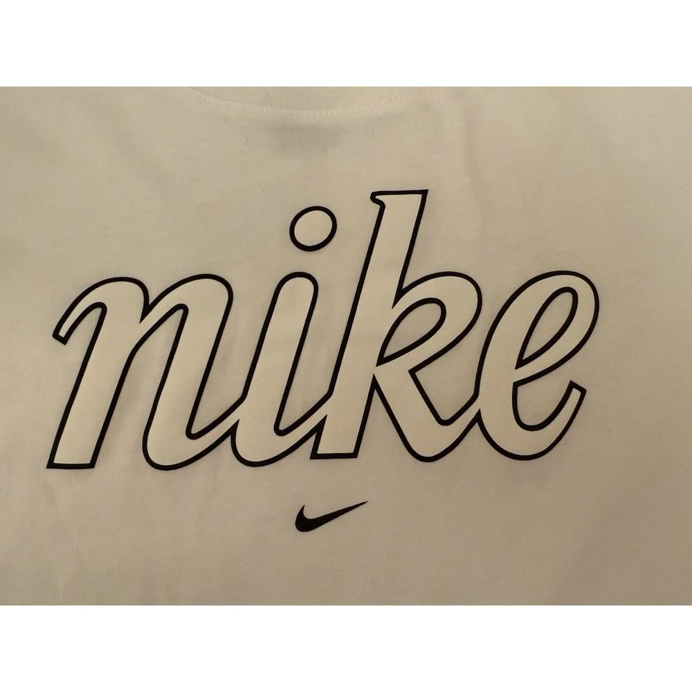 Nike Girls Medium Shirt White Long Sleeve Black Logo Letters Casual Kids Top NWT